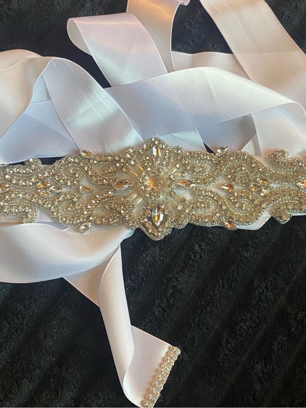 Embellished White Satin Bridal Belt with Crystal Appliqué